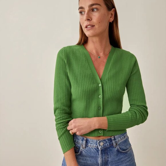 Reformation Gilda Ribbed V-neck Cardigan Kelly Green - Size S - Picture 1 of 1
